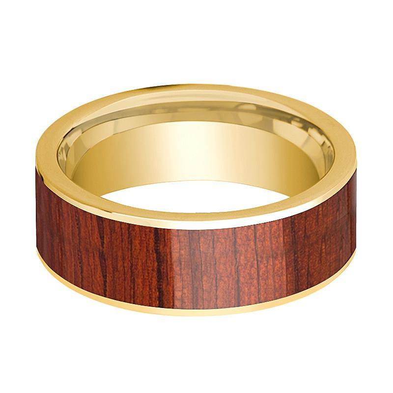 Mens Wedding Ring Polished 14k Yellow Gold Flat Wedding Band with Padauk Wood Inlay - 8mm - AydinsJewelry