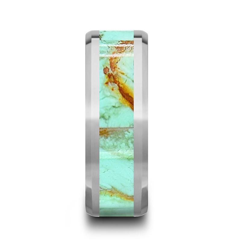 Tungsten Light Blue Turquoise Stone Inlay - Tungsten Wedding Band - Beveled - Polished Finish - 8mm - Tungsten Wedding Ring - AydinsJewelry