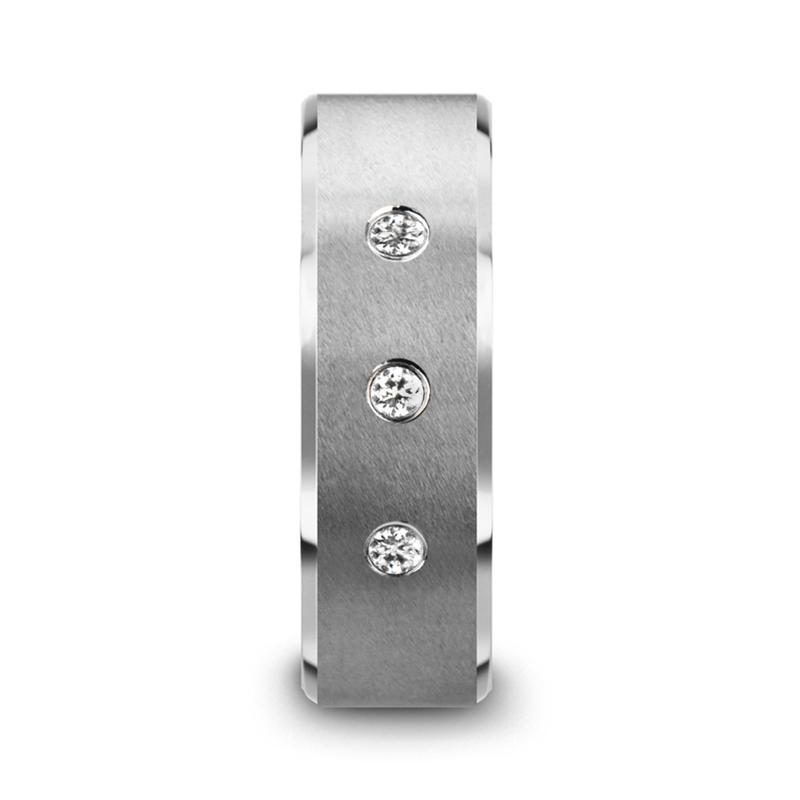 Diamond Wedding Ring - Tungsten Ring - Silver Tungsten - Beveled Edges - Brushed Tungsten - 3 Diamonds - Tungsten Wedding Band - AydinsJewelry