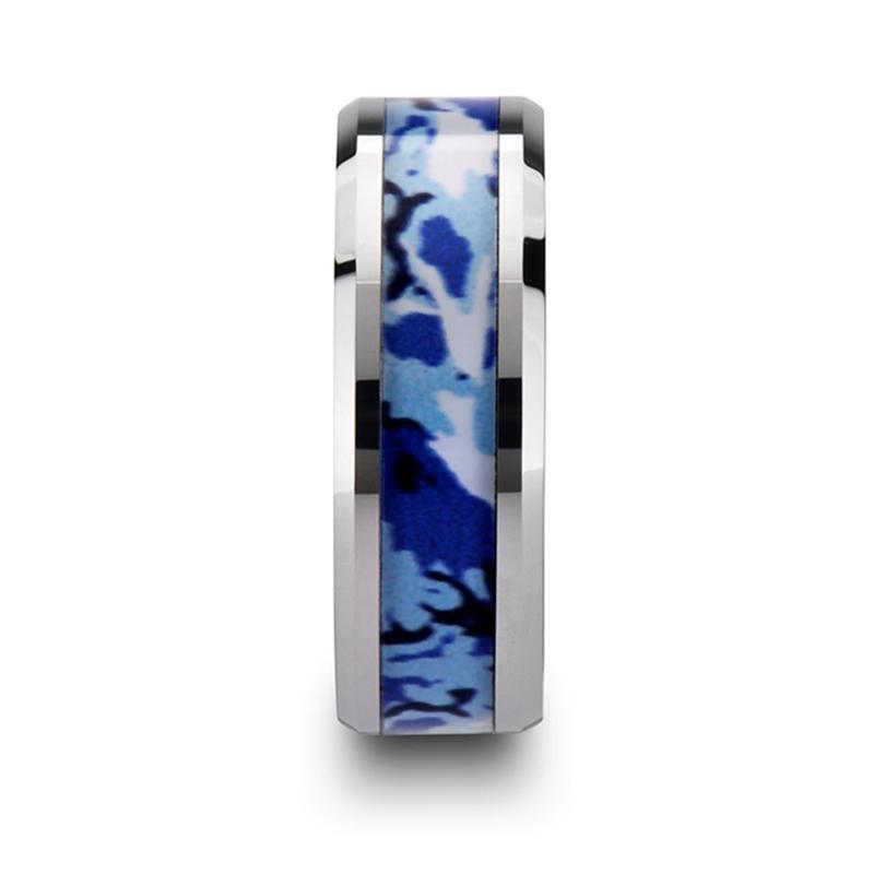 Tungsten Camo Ring - Blue and White Camouflage - Tungsten Wedding Band - Beveled - Polished Finish - 8mm - Tungsten Wedding Ring