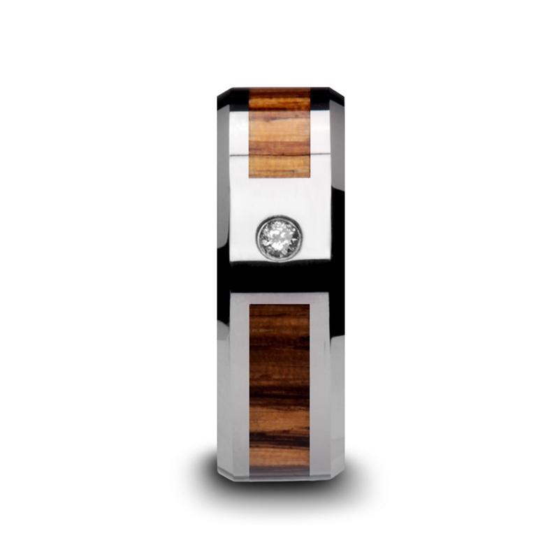 Zebra Wood Inlay Diamond Tungsten Wedding Band