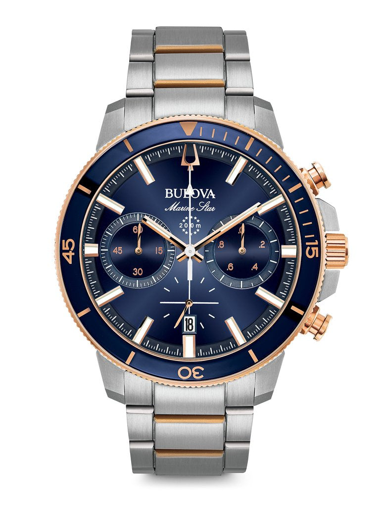 Bulova Mens Blue Dial Marine Star with rose tone accent 98B301