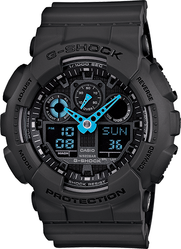 Casio G Shock GA 100C 8ACR Analog Digital Resin Watch Grey Neon Blue Monica Jewelers