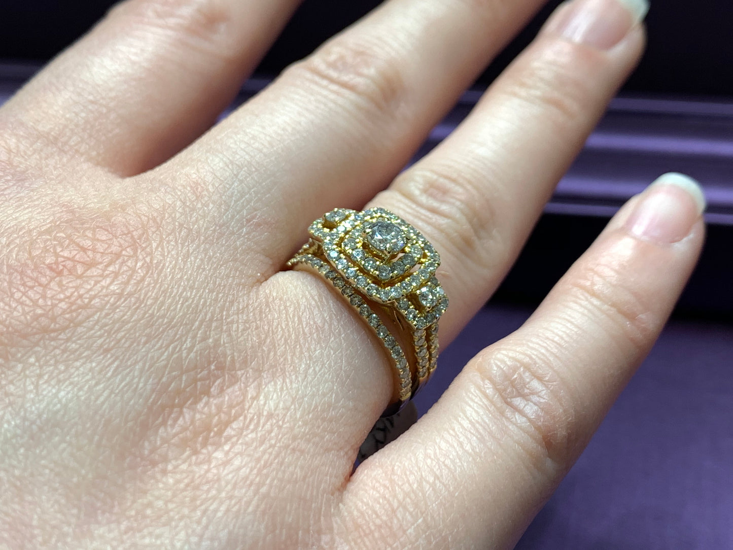 14kt yellow and 1.00ctw with 2 halo plus wedding band with round diamonds and yellow gold