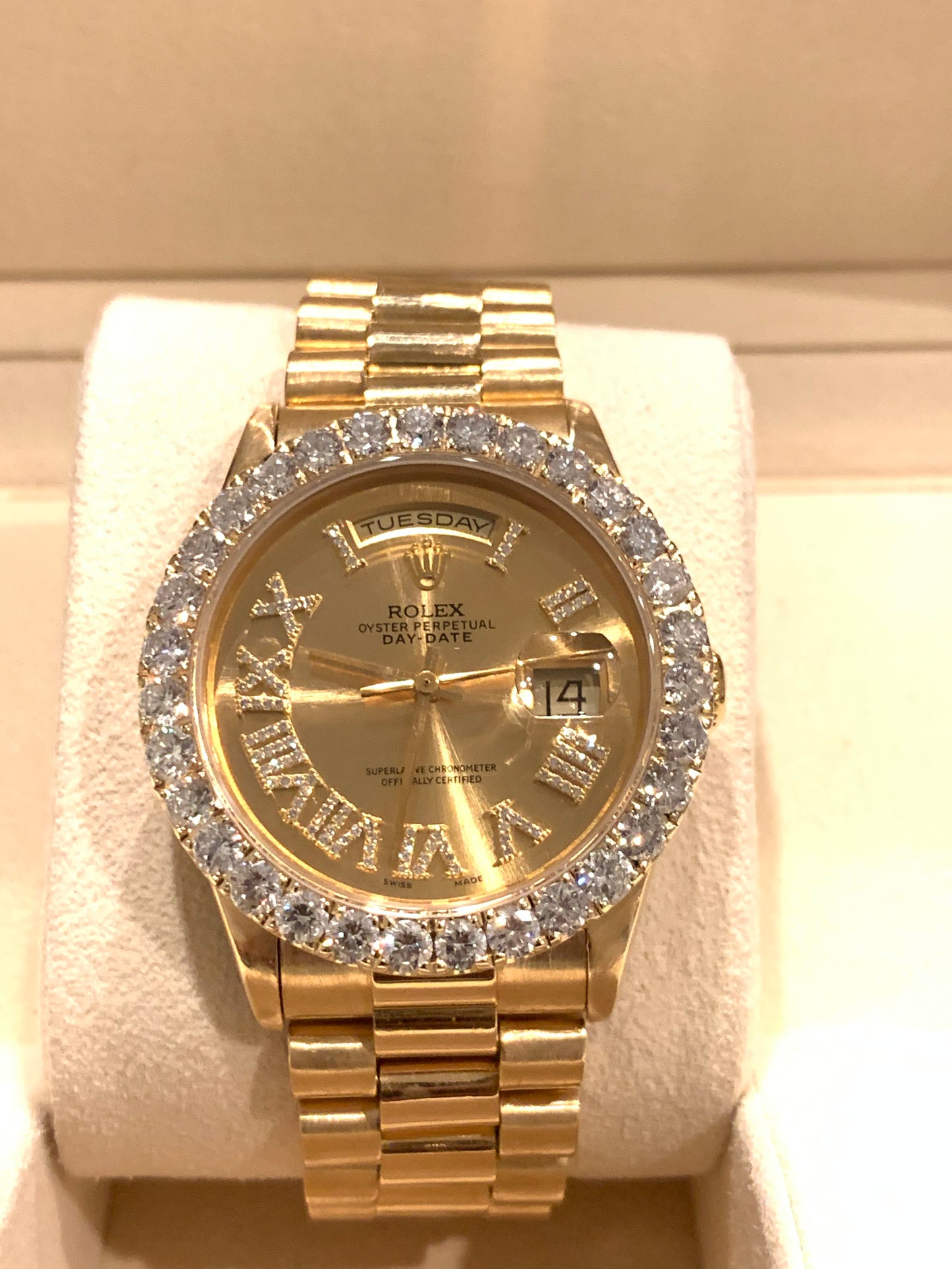 Rolex President Day Date 18238 18k Yellow Gold Champagne Roman Numeral Diamond Bezel DQ