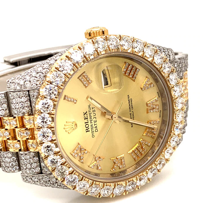 Iced out 18ctw Rolex Datejust 18k/SS 41mm Champagne Roman Numeral Diamond Dial Jubilee Bracelet Men's Watch 126333