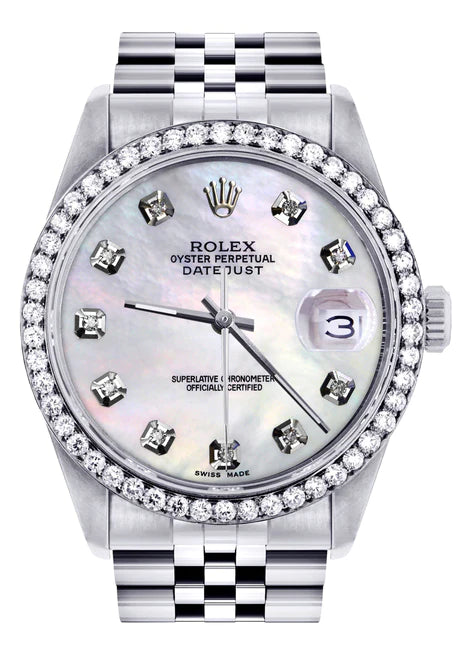 Diamond Mens Rolex Datejust Watch | 36Mm White Mother Of Pearl – Monica Jewelers