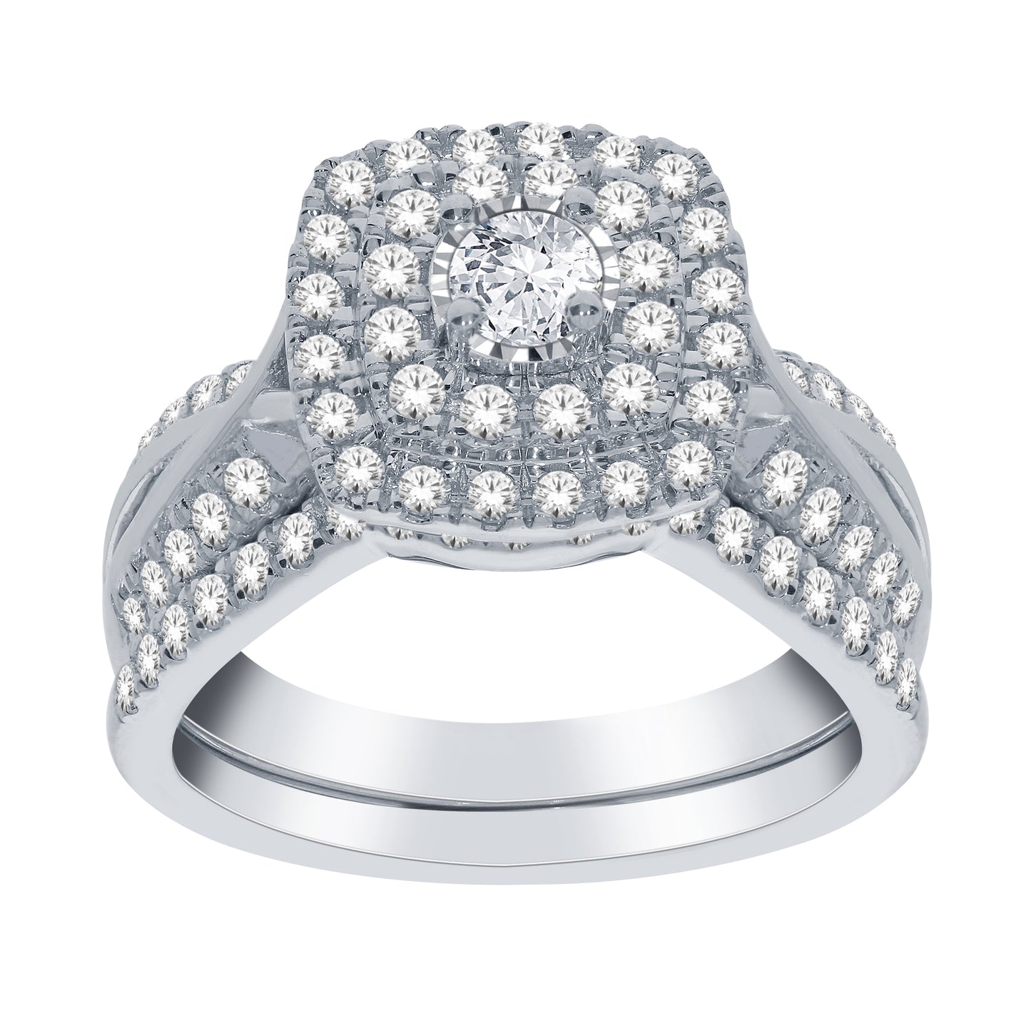 10K White Gold 1 Carat Halo Diamond Bridal Engagement Ring set