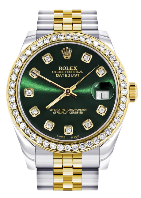 Rolex Watch | Diamond Bezel | 31MM | Green Dial | Jubilee – Monica Jewelers