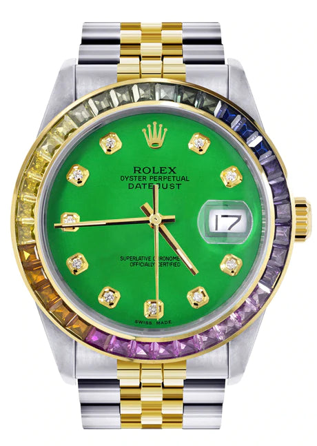 Siden mølle øverst Diamond Gold Rolex Watch For Men 16233 | 36Mm | Rainbow Sapphire Bezel –  Monica Jewelers