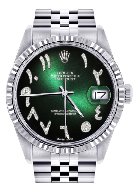 Efterforskning opstrøms perle Mens Rolex Datejust Watch 16200 | 36Mm | Green Black Arabic Dial | Jub –  Monica Jewelers