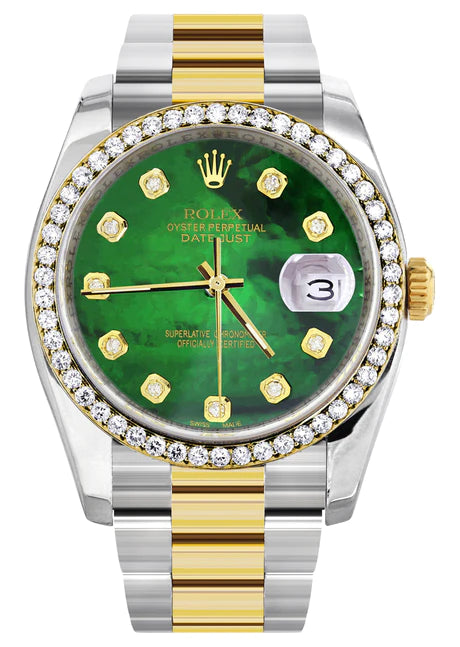 kronblad tidsplan køretøj New Style | Diamond Gold Rolex Watch For Men | 36Mm | Green Mother Of –  Monica Jewelers