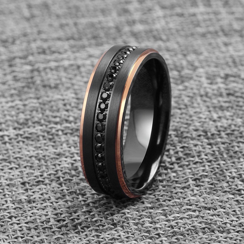 Ram Men's Beveled Two - Tone Black Ceramic Wedding Ring