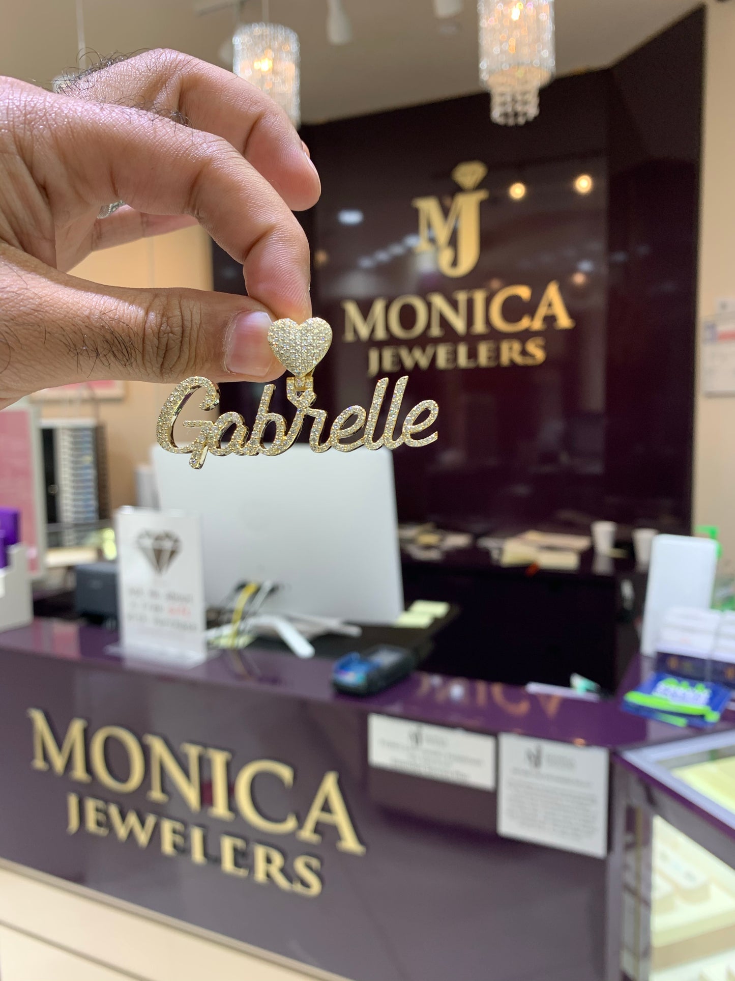 10k Yellow Gold diamond custom Diamond name plate with Heart Bail