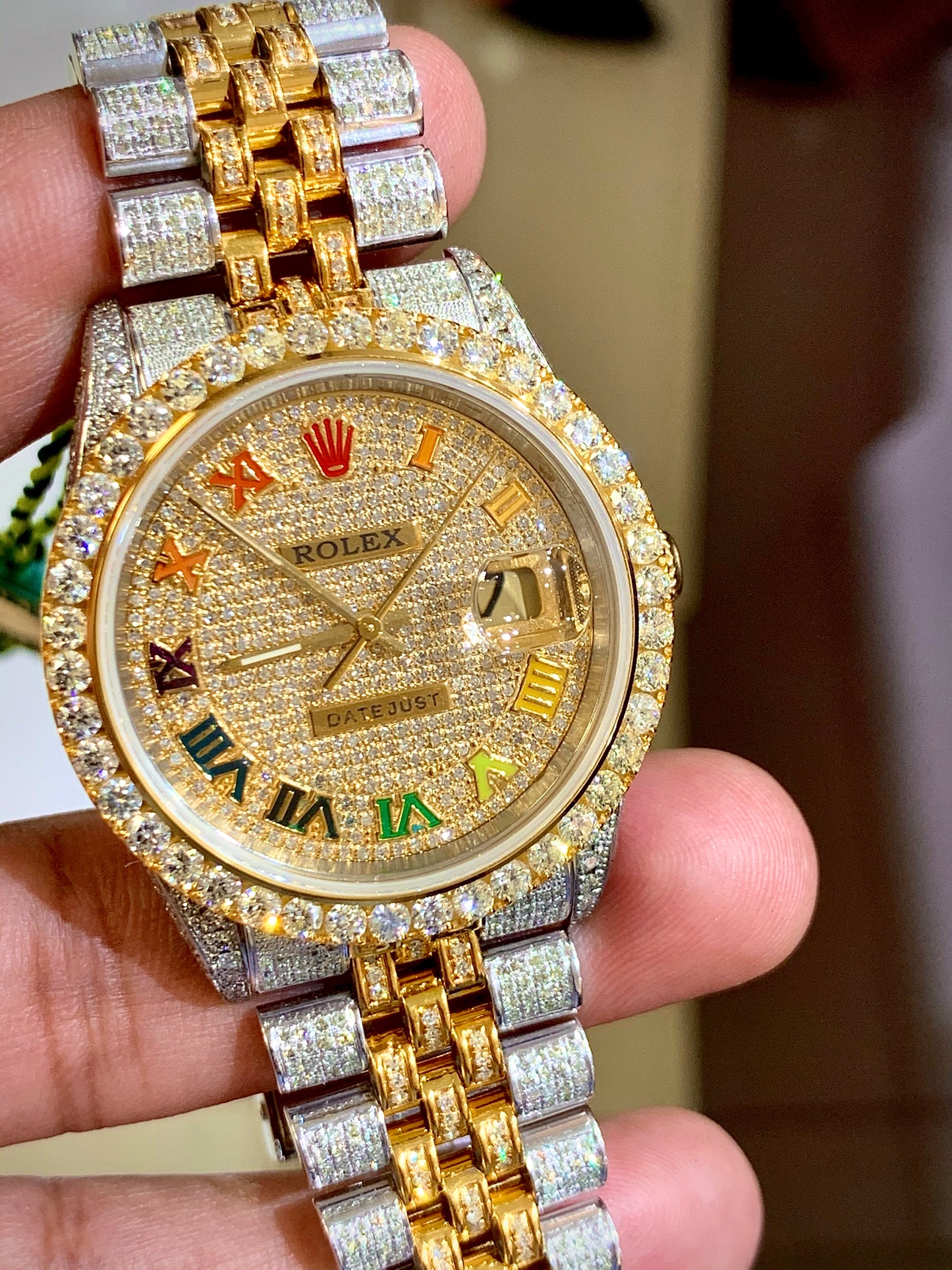 Rolex 36mm iced out Yellow gold/ Stainless steel Jubilee with Iced out Rainbow Roman Numeral Diamond dial
