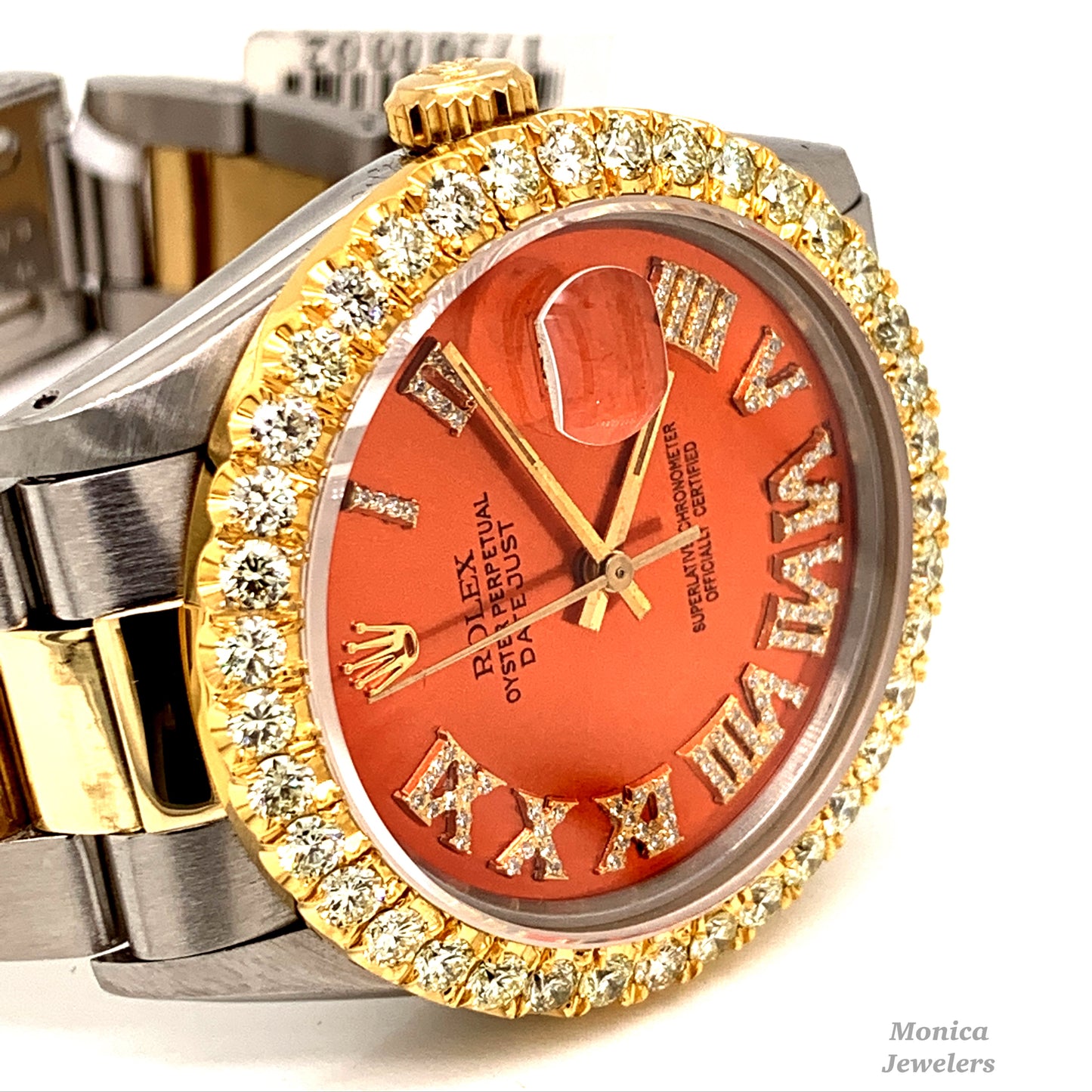 16013 14k/Stainless steel Orange Roman Numeral Diamond Dial 3.25ctw