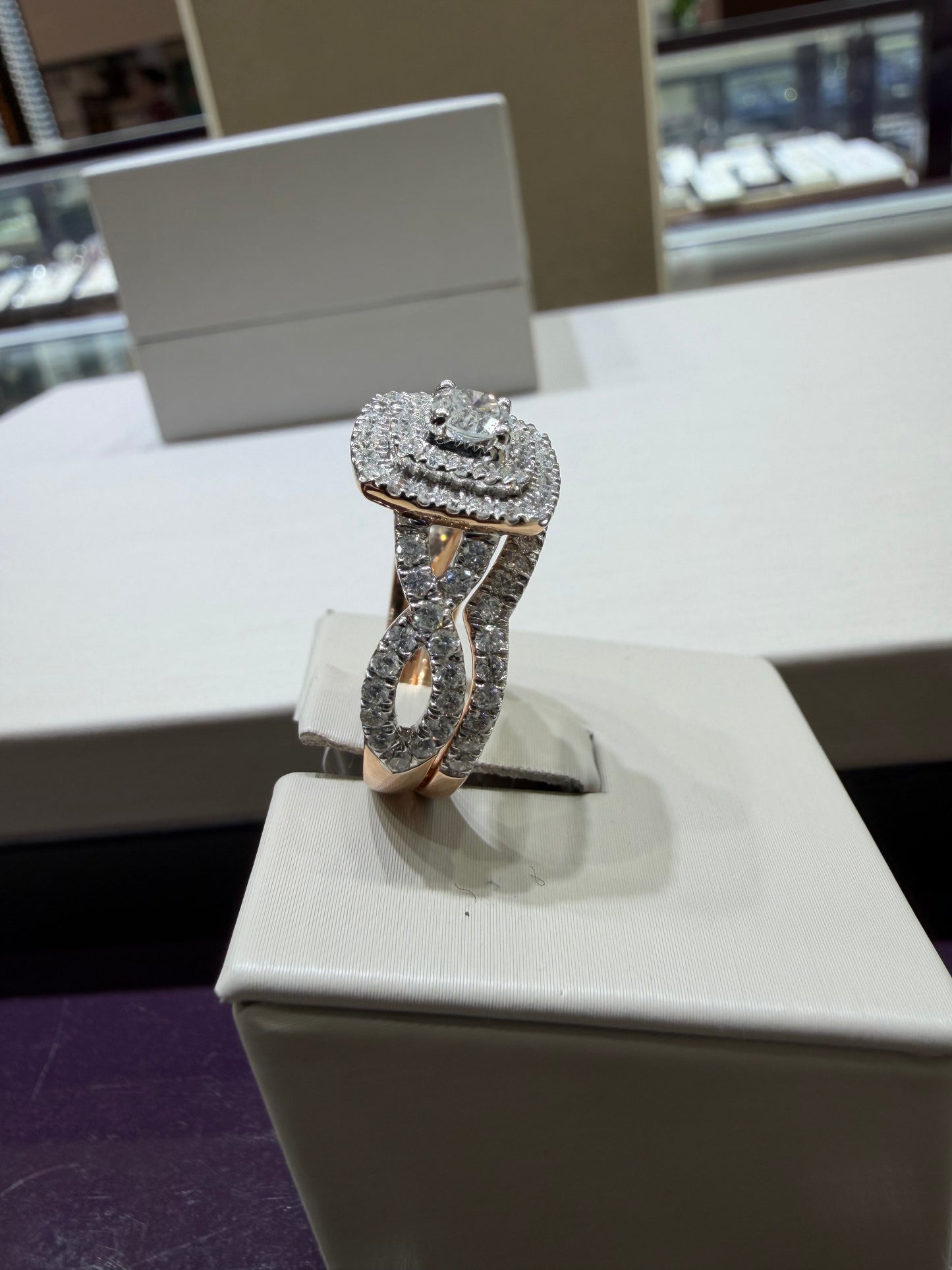14K Rose Gold 1.50 CTW Round Diamond Double Halo Twist Wedding Set