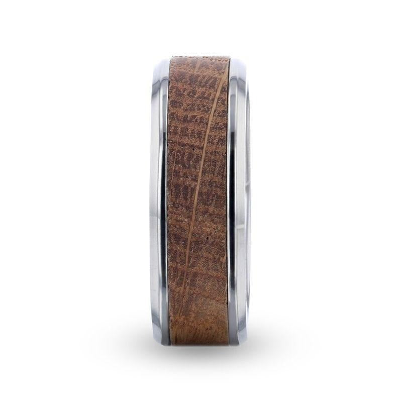 CASK Whiskey Barrel Inlaid Titanium Men's Wedding Band With Beveled Polished Edges Made From Genuine Whiskey Barrels - 8