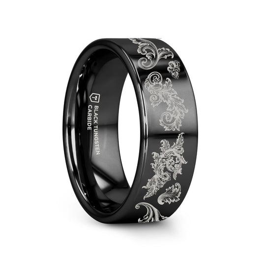 Filigree Leaf Pattern Black Tungsten Engraved Ring - 4mm - 12mm - 6mm