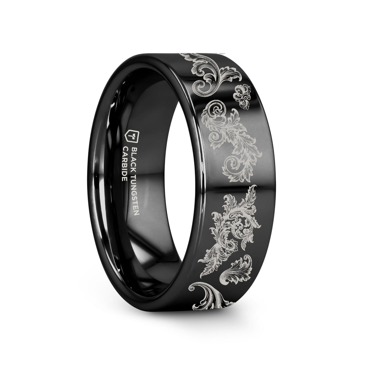 Filigree Leaf Pattern Black Tungsten Engraved Ring - 4mm - 12mm - 6mm