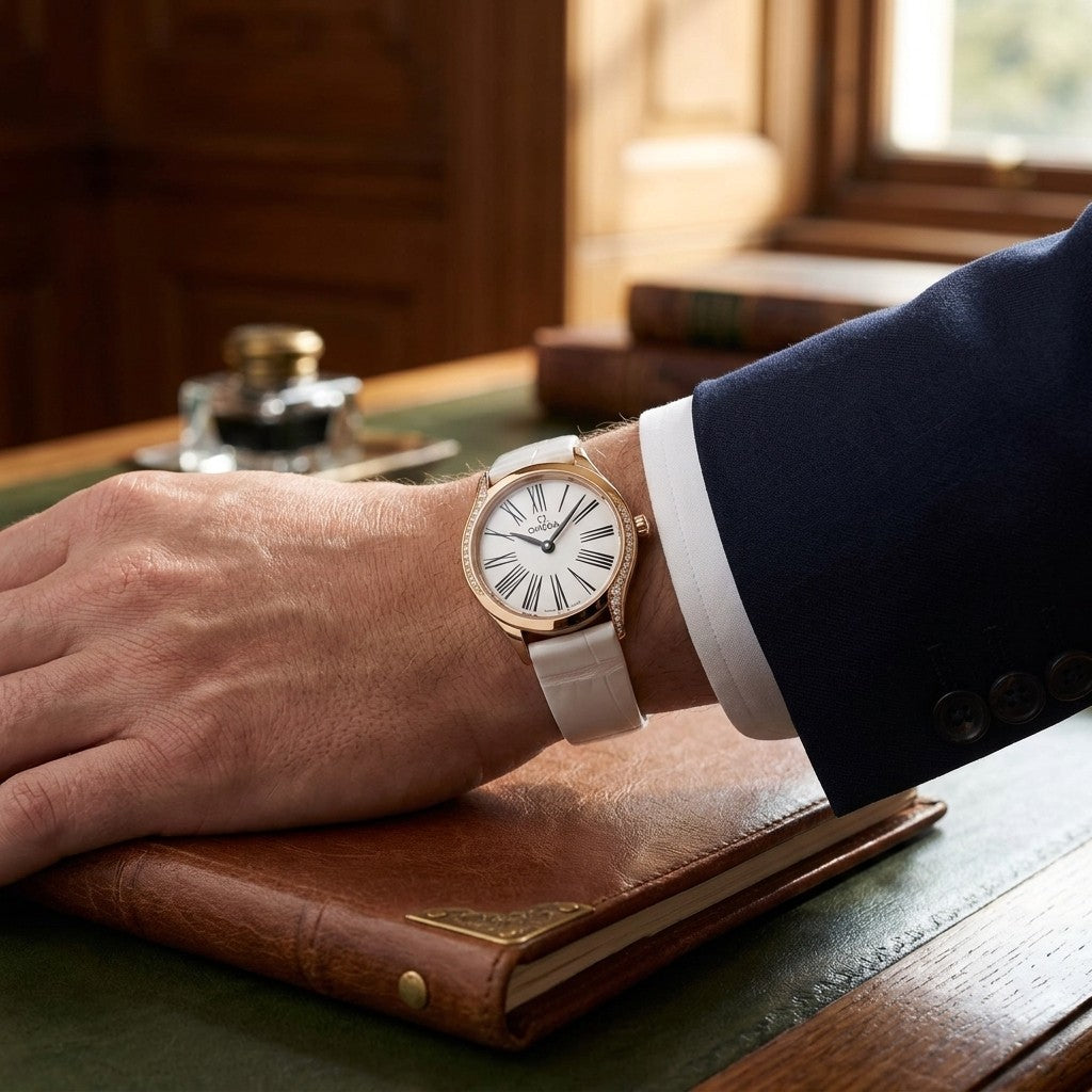 Omega de Ville Mini Trésor 26 mm — Moonshine™ Gold on Alligator — lifestyle