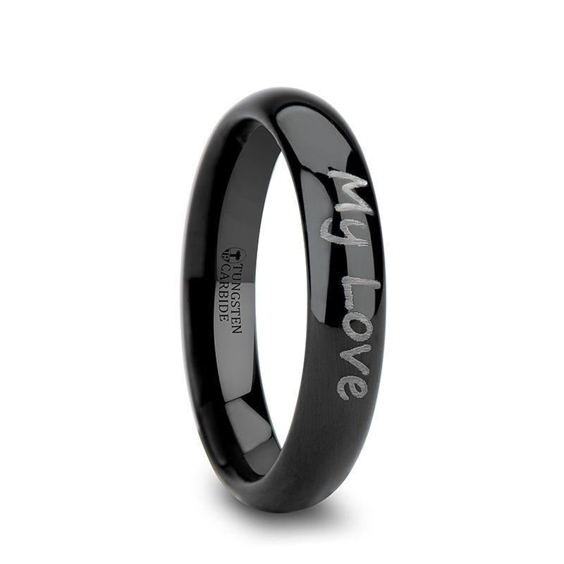 Handwritten Engraved Domed Black Tungsten Ring Polished - 4mm - 12mm - 6mm