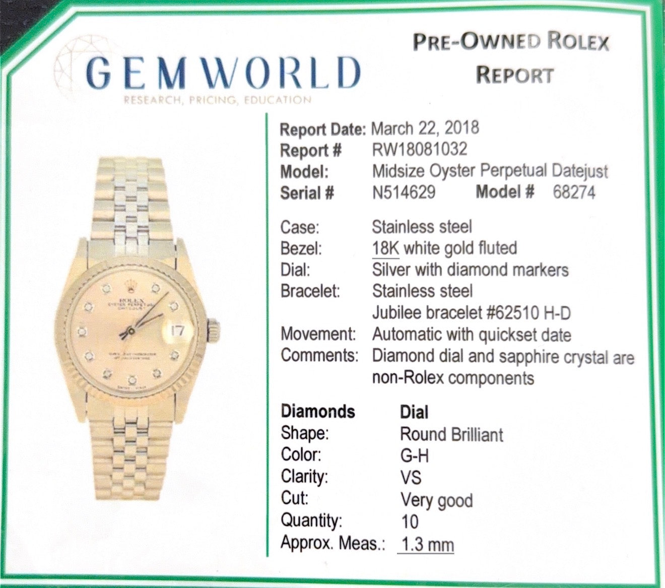 Rolex Datejust 31mm 68274 Silver Diamond Dial – Pre-Owned | Monica Jewelers