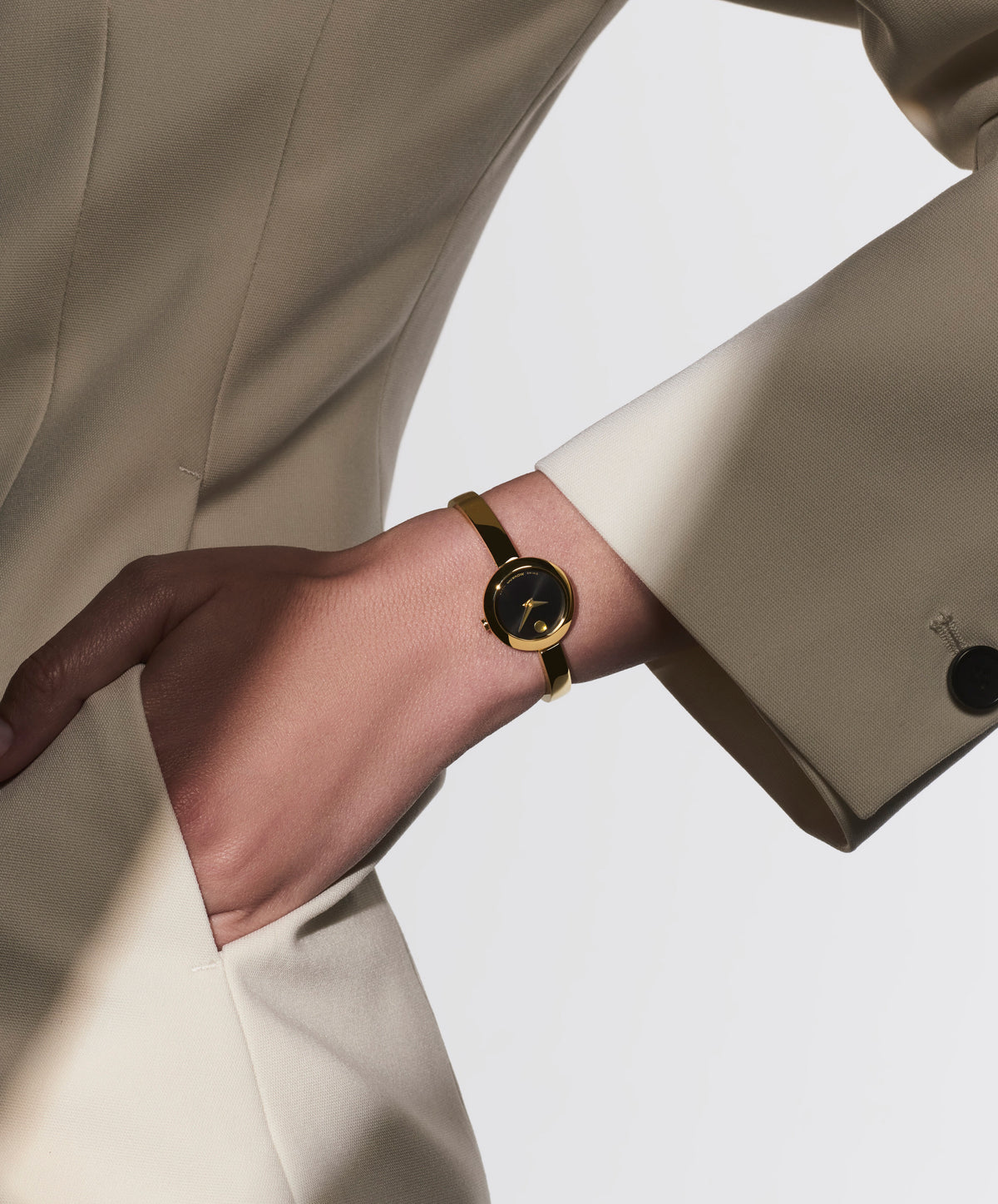 Movado Museum Bangle 0608163 22mm Light Yellow Gold PVD Stainless Steel Black Dial Swiss Quartz — official product image