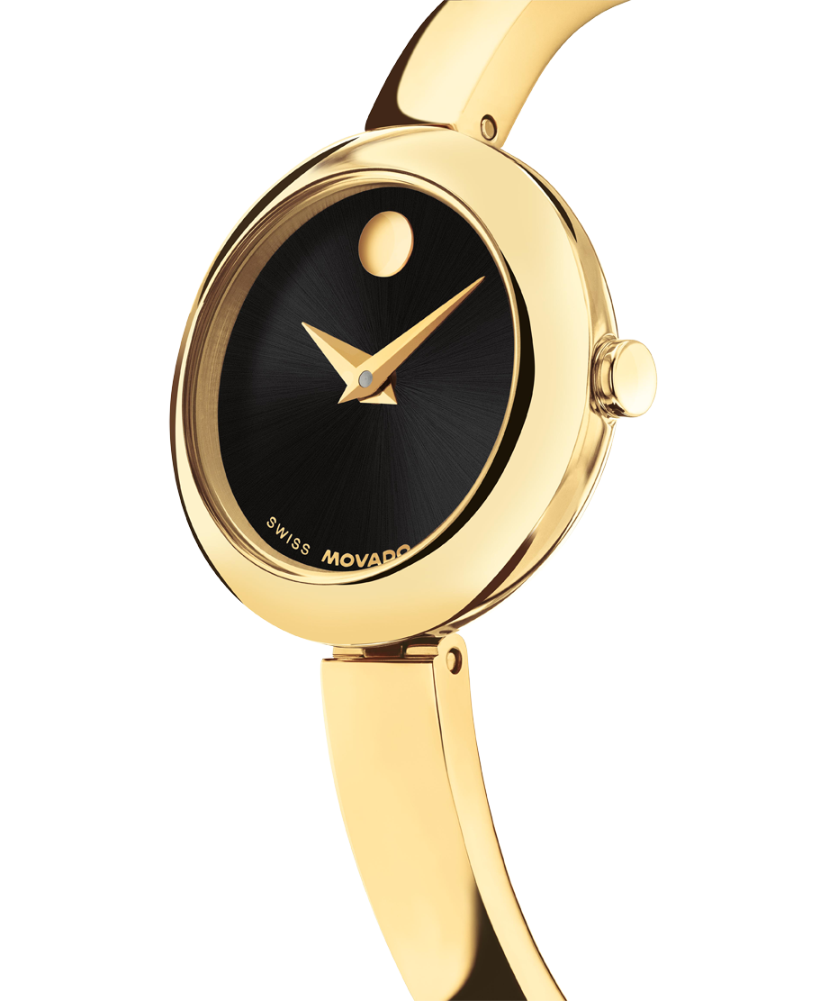 Movado Museum Bangle 0608163 22mm Light Yellow Gold PVD Stainless Steel Black Dial Swiss Quartz — official product image
