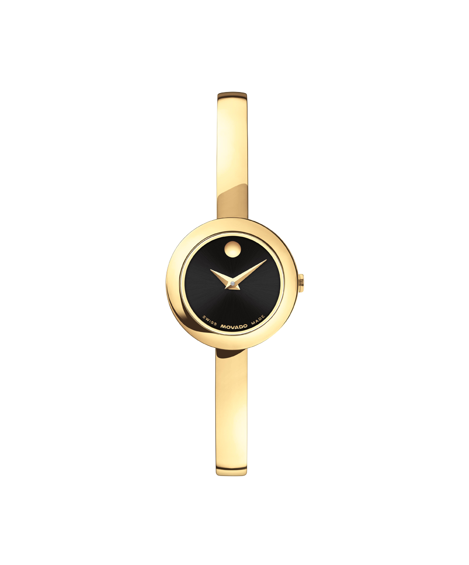 Movado Museum Bangle 0608163 22mm Light Yellow Gold PVD Stainless Steel Black Dial Swiss Quartz — official product image
