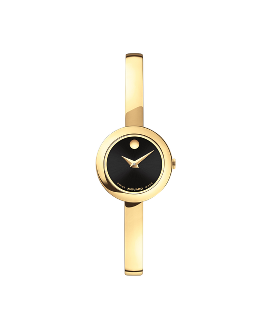 Movado Museum Bangle 0608163 22mm Light Yellow Gold PVD Stainless Steel Black Dial Swiss Quartz — official product image
