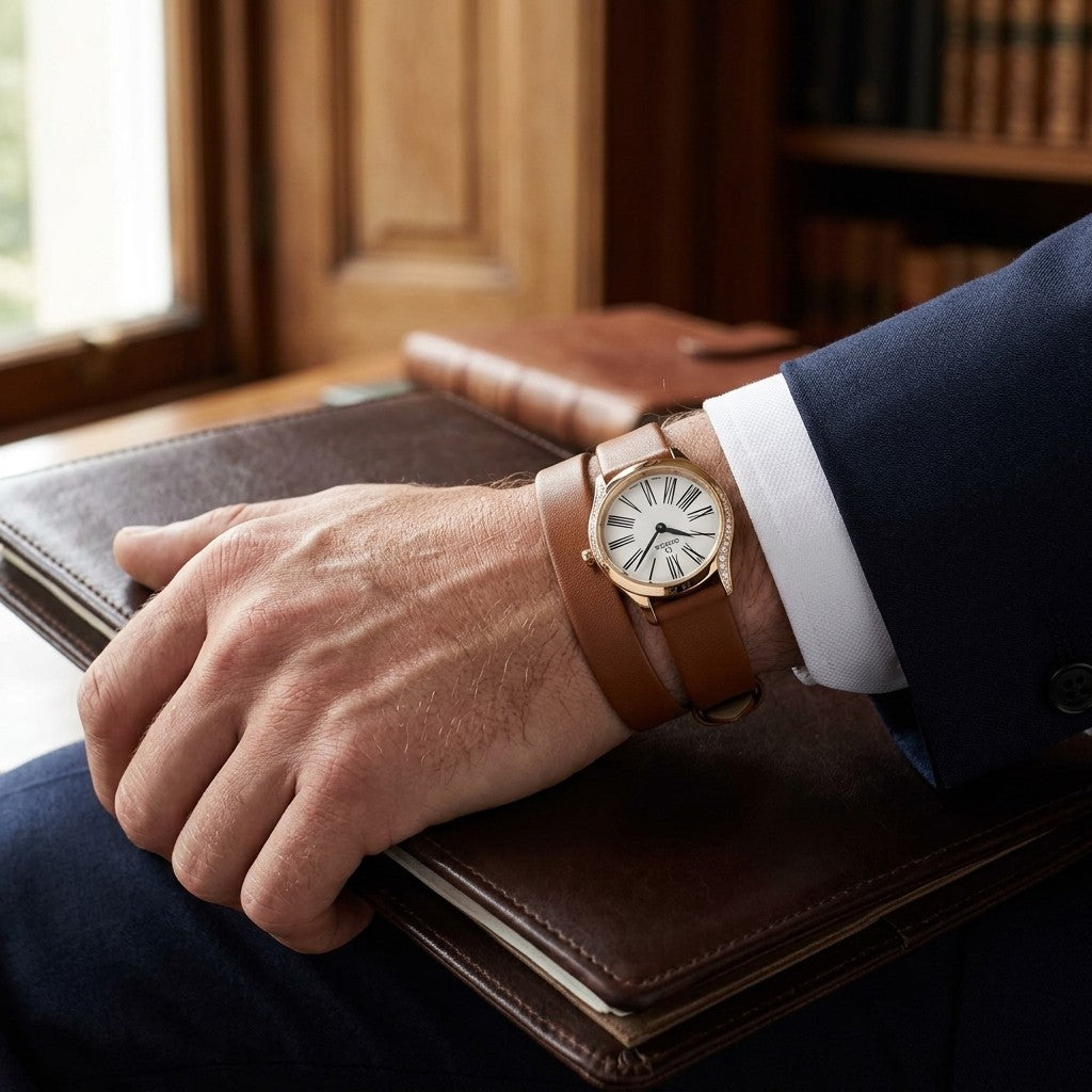 Omega de Ville Mini Trésor 26 mm — Moonshine™ Gold on Leather Strap (428.57.26.60.04.005) — lifestyle