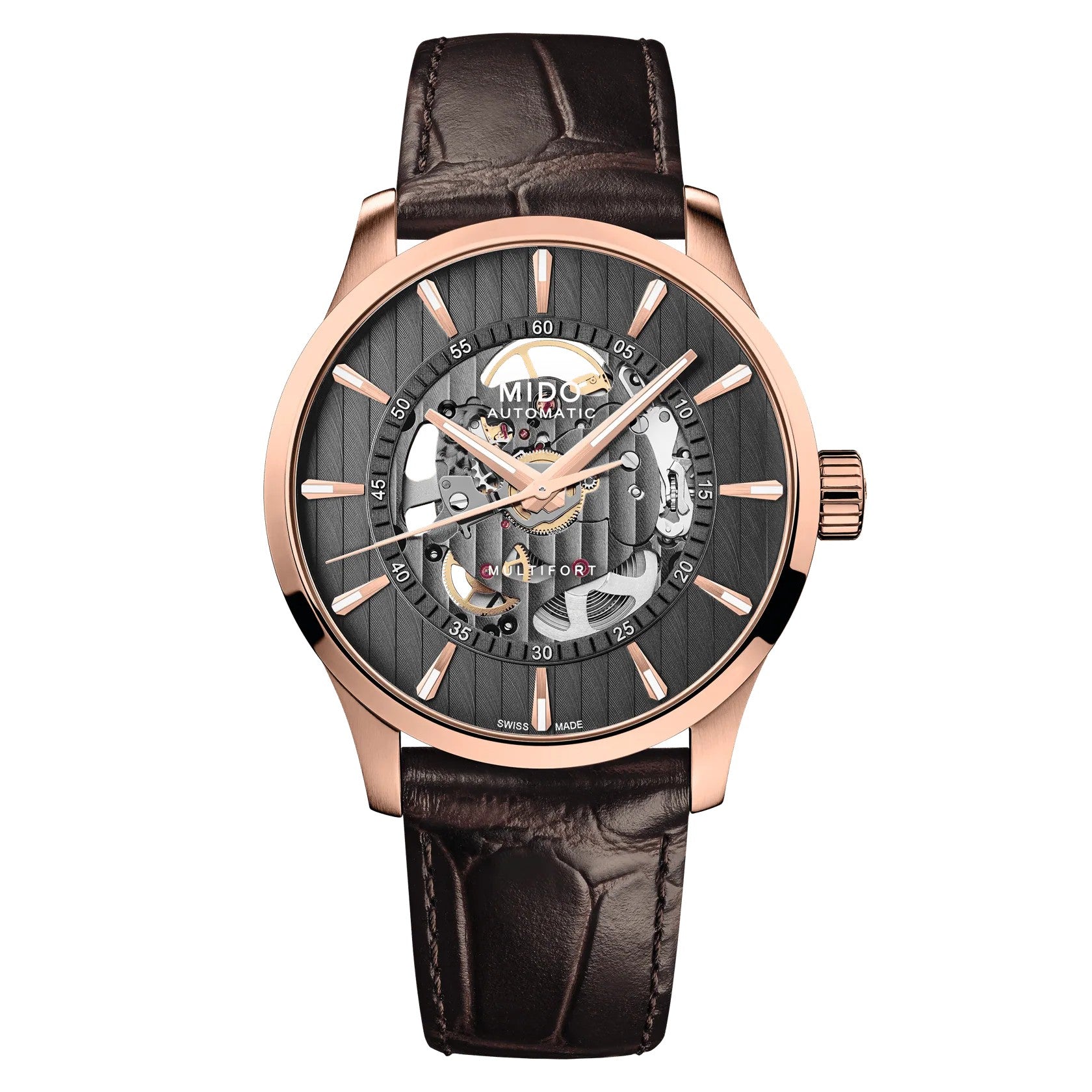 MIDO Multifort Skeleton Vertigo Black Dial, Stainless Steel Rose Gold-Tone PVD Watch - Brown Leather Strap - 42mm