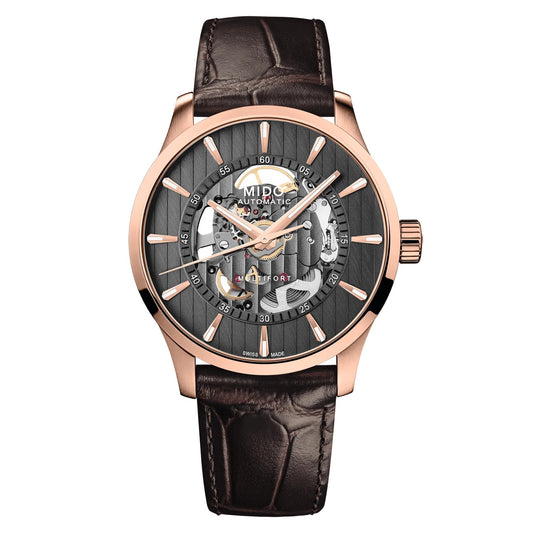 MIDO Multifort Skeleton Vertigo Black Dial, Stainless Steel Rose Gold-Tone PVD Watch - Brown Leather Strap - 42mm