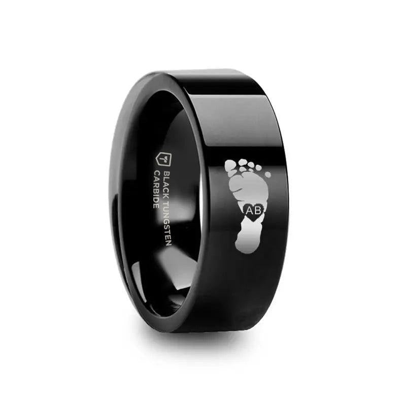 Footprint Initials Engraved Flat Pipe Cut Black Tungsten Ring Polished - 4mm - 12mm - 6mm