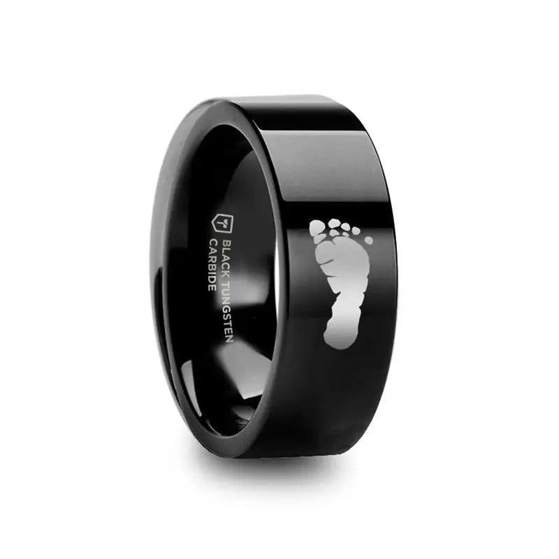 Footprint Engraved Flat Pipe Cut Black Tungsten Ring Polished - 4mm - 12mm - 6mm