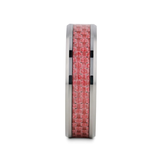 PINK Beveled Tungsten Wedding Band with Pink Carbon Fiber -4mm & 6mm