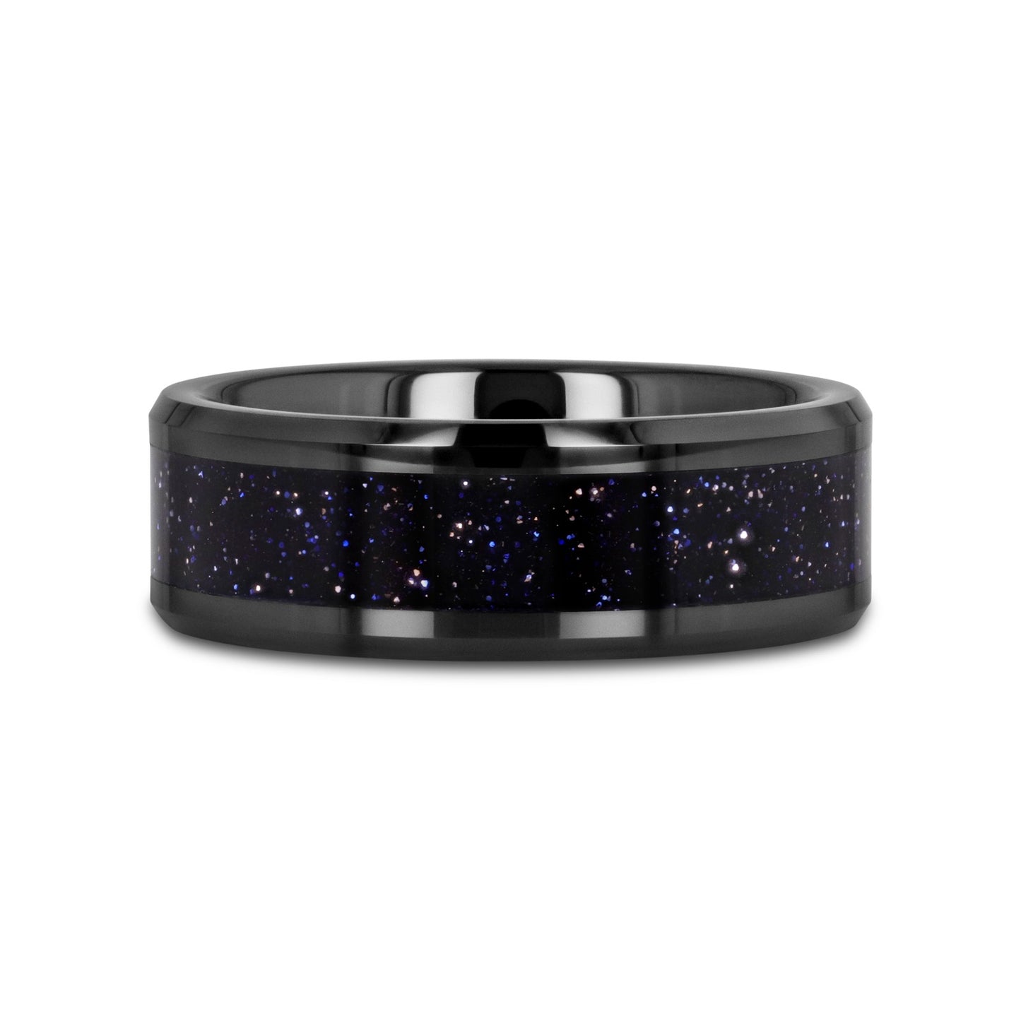 MELO Black Ceramic Beveled Polished Men’s Wedding Band with Purple Goldstone Inlay - 8mm