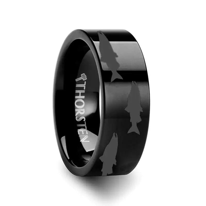 Salmon Fish Sea Print Pattern Engraved Flat Black Tungsten Ring - 4mm - 12mm - 6mm