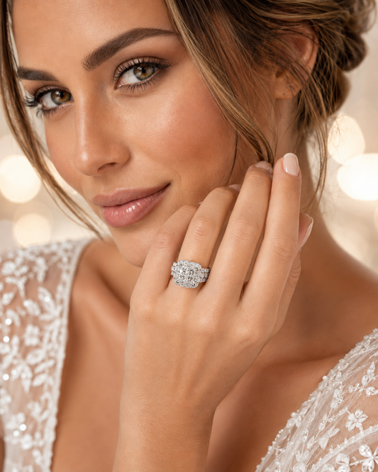 2.65 CTW Natural Diamond Princess Cut Composite Cushion Halo Engagement Ring in 14K White Gold