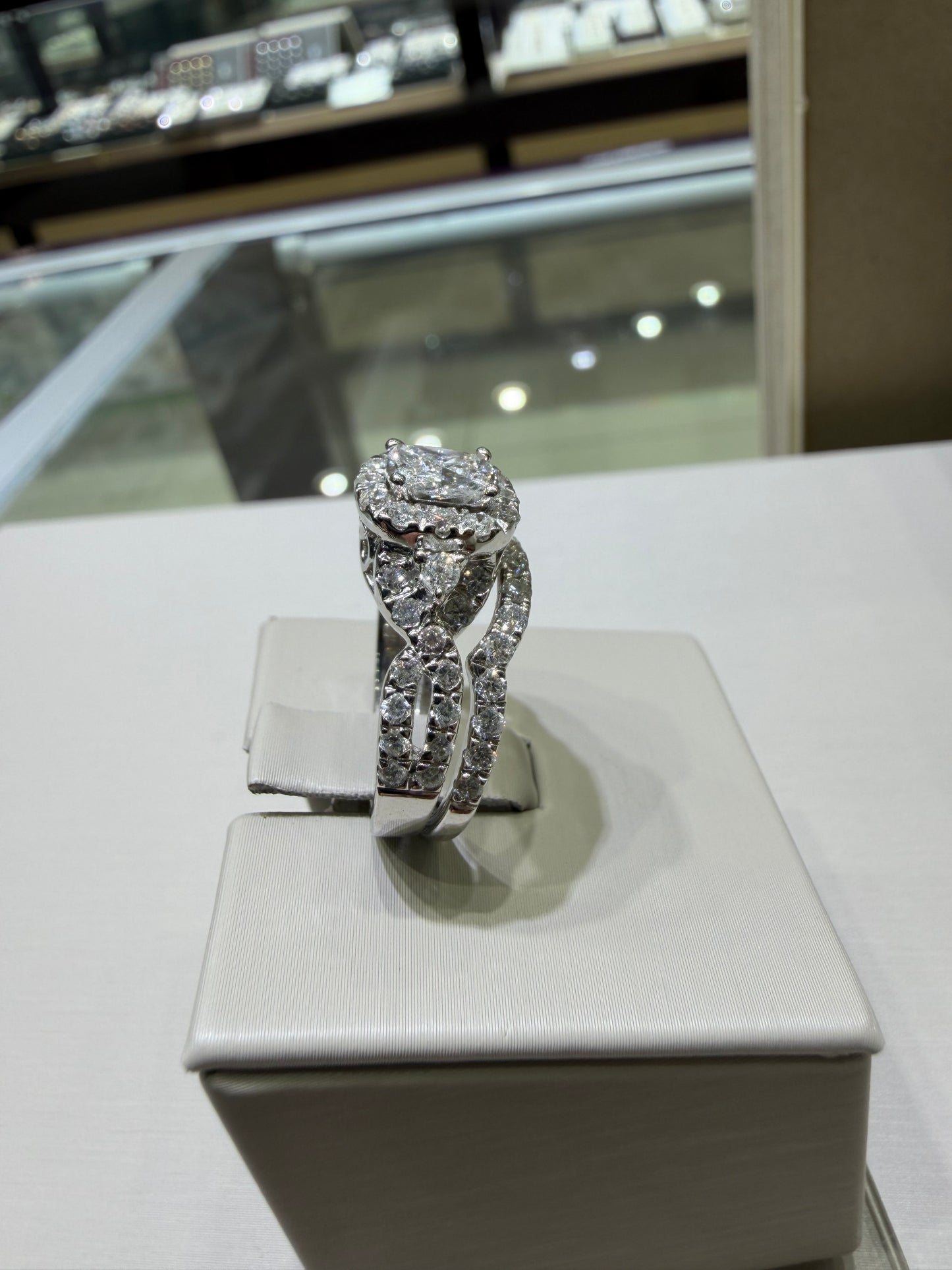 2.00 CTW Radiant-Style Composite Diamond Twist Halo Wedding Set in 14K White Gold – 0.53 CT Center
