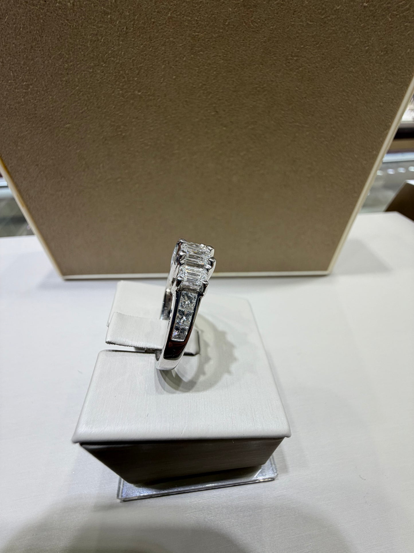1.49 CTW Emerald Cut Three Stone Engagement Ring | 14K White Gold