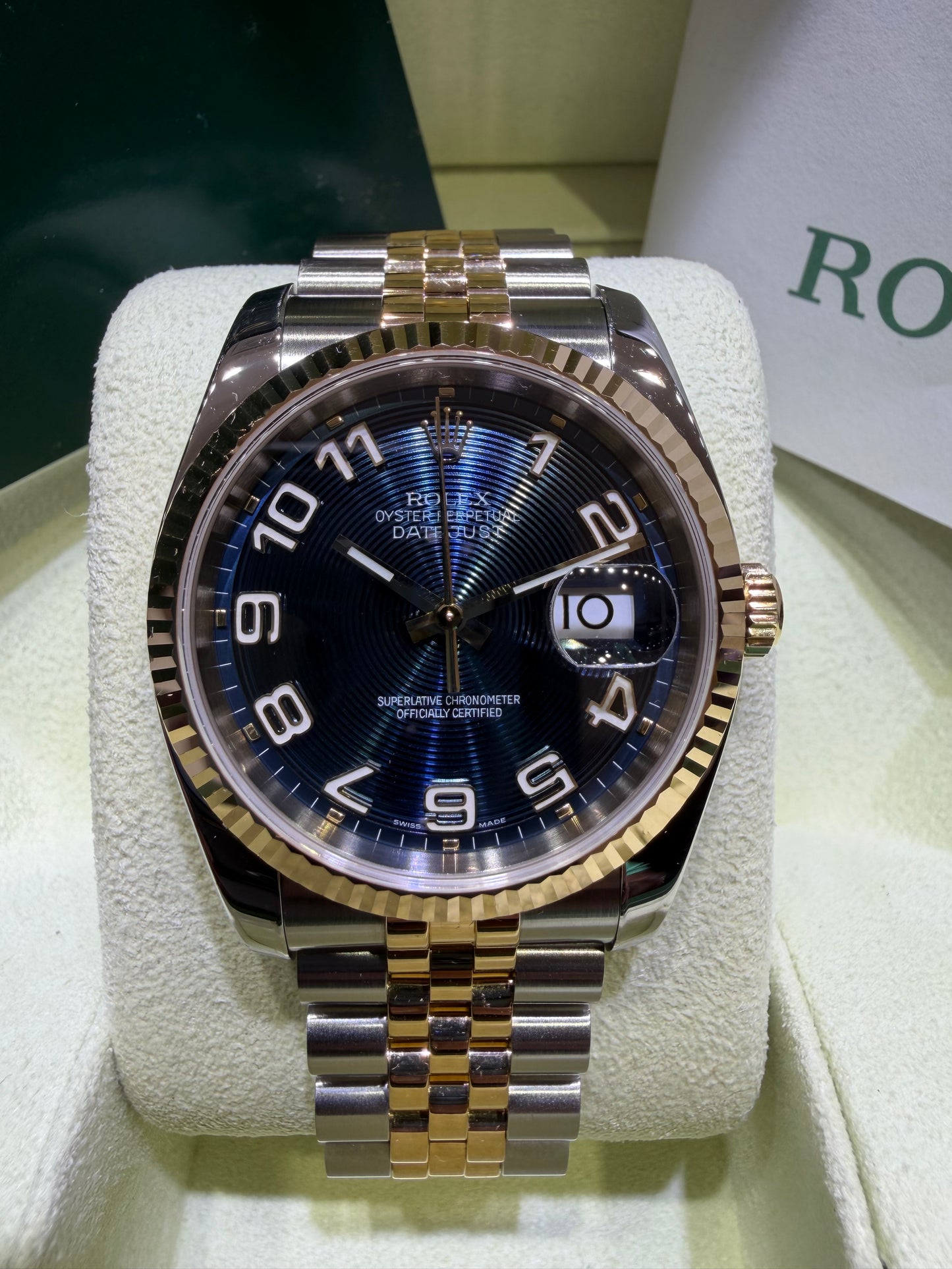 Rolex Datejust 18k/ss Jubilee Blue Arabic Numerals Concentric  116233