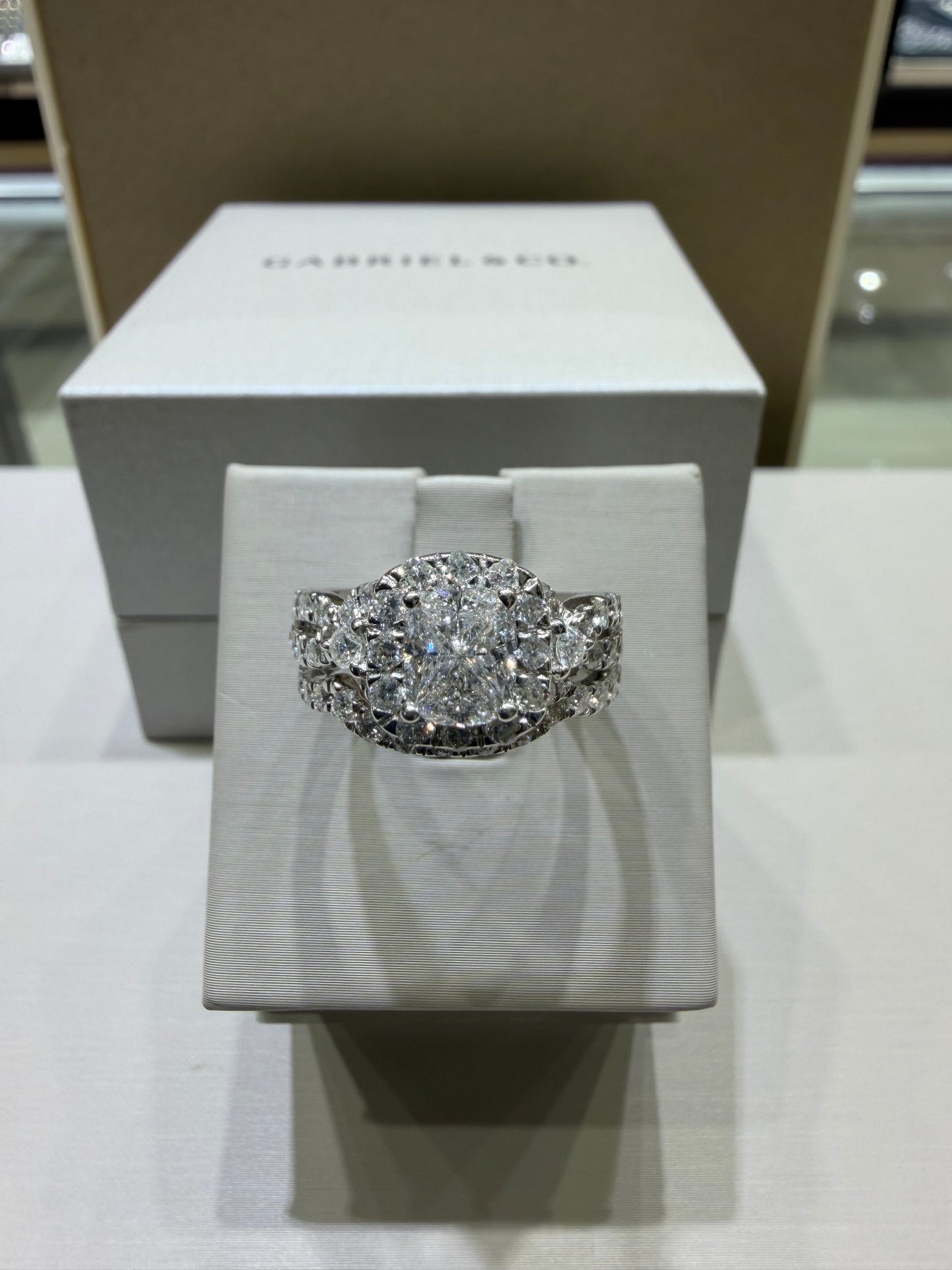 2.00 CTW Radiant-Style Composite Diamond Twist Halo Wedding Set in 14K White Gold – 0.53 CT Center