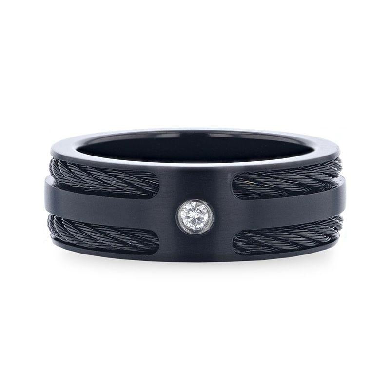 NOIR Double Black Rope Inlaid Brushed Matte Black Titanium Men's Wedding Band With Black Edge Channel Setting And White 