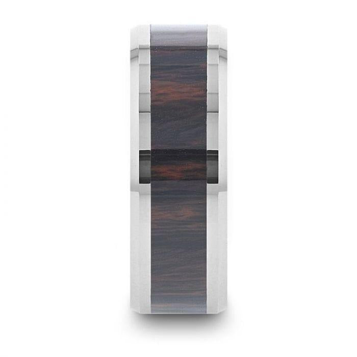AZTEC Mahogany Inlaid Tungsten Carbide Ring with Polished Beveled Edges – 8mm