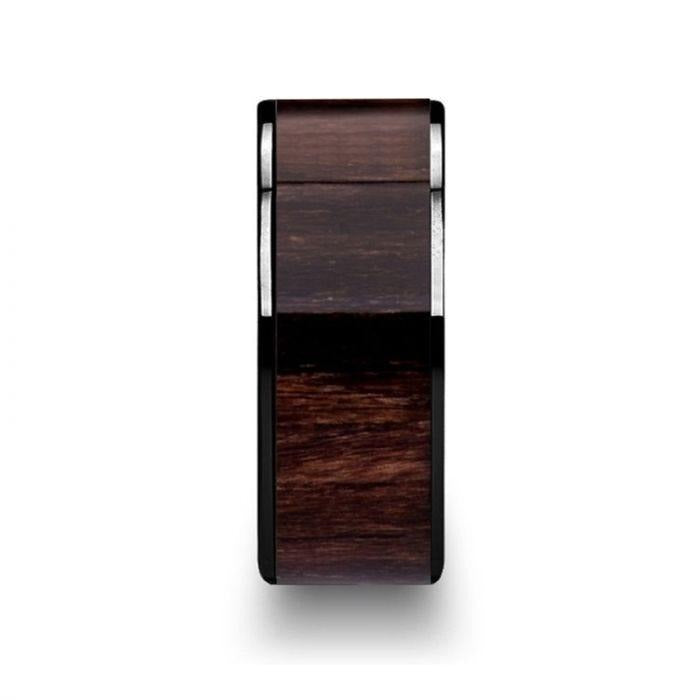 KENDO Black Ceramic Polished Finish Ring with Black Walnut Wood Inlay - 6mm - 10mm