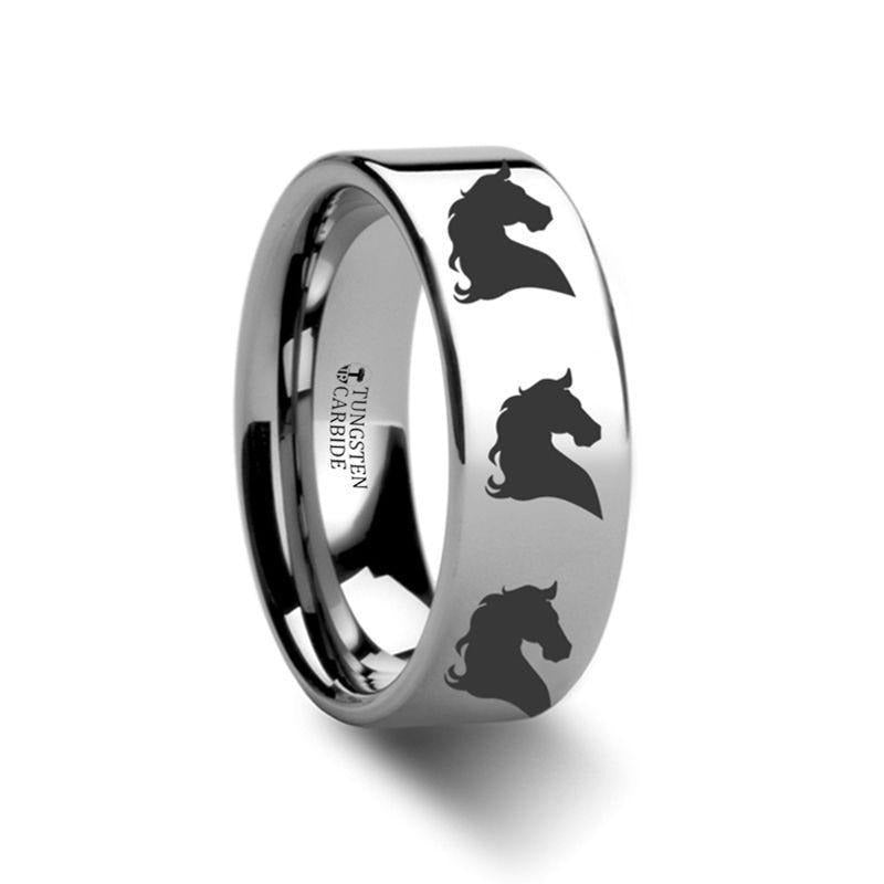 Animal Horse Head Print Engraved Flat Tungsten Ring - 4mm - 12mm - 6mm