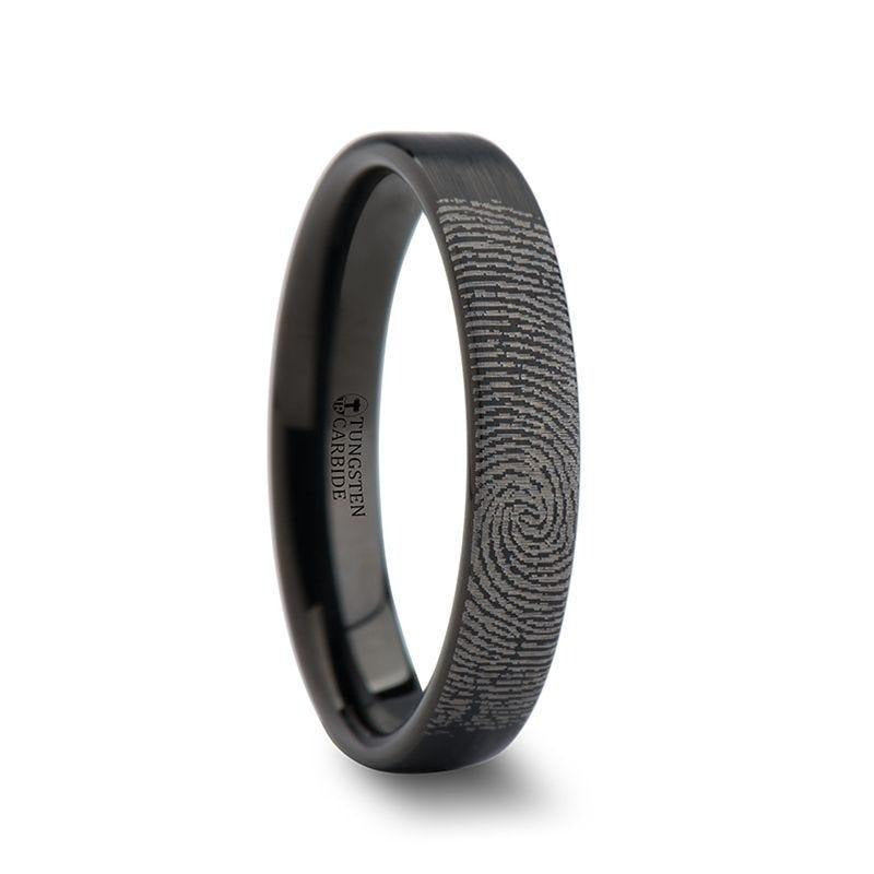 Fingerprint Engraved Flat Pipe Cut Black Tungsten Ring Brushed - San Antonio - 4mm - 12mm - 8mm