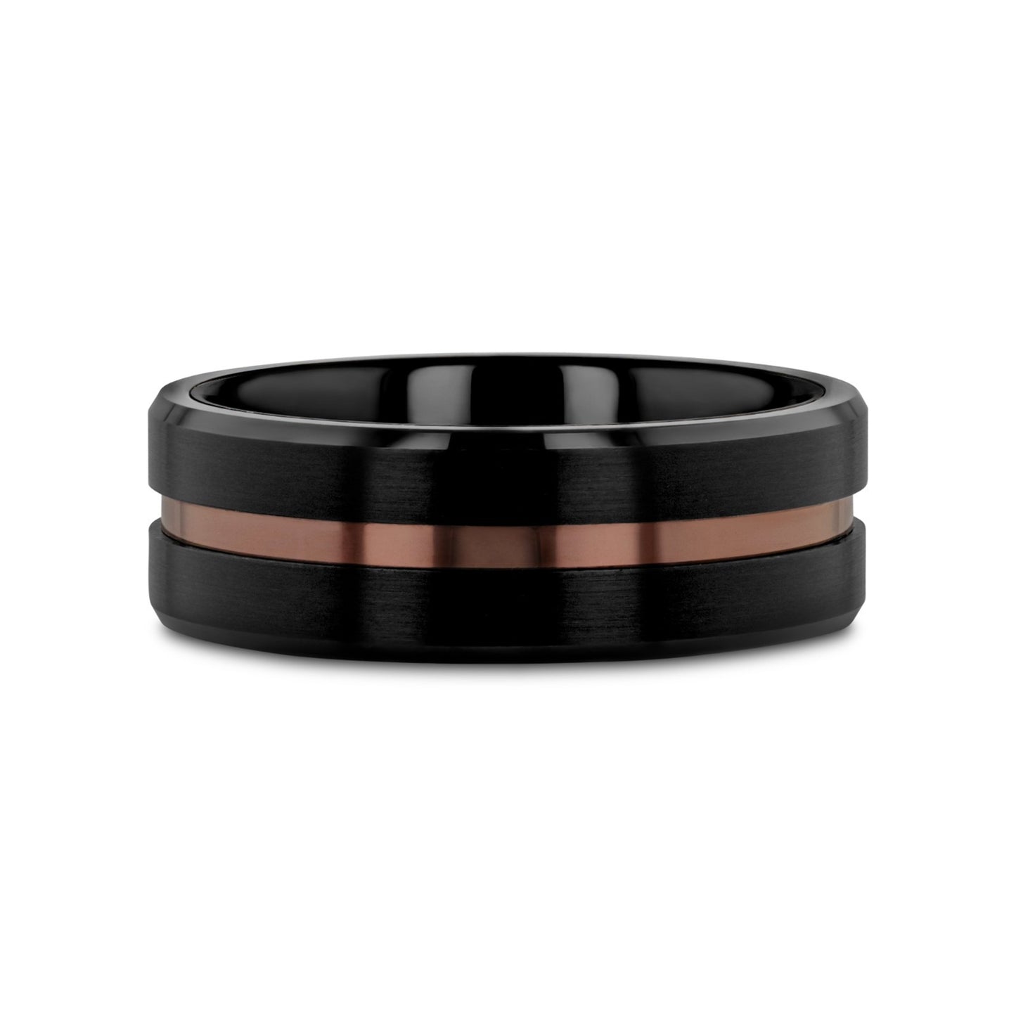 NEVAN Flat Brushed Black Tungsten Men’s Wedding Band with Espresso Groove Center - 8mm